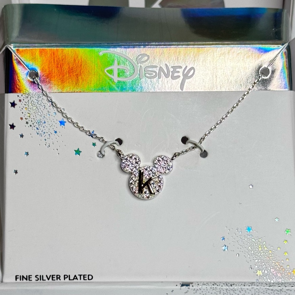 Disney Mickey Mouse “K” Initial Silver Necklace | Cubic Zirconia | NEW
